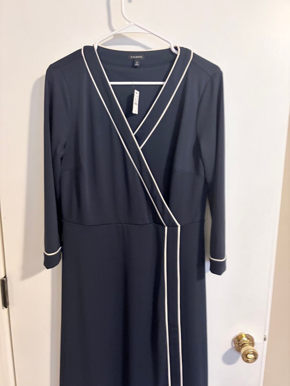 Talbots Navy Knit Jersey Faux-Wrap Dress White Contrast Piping Trim